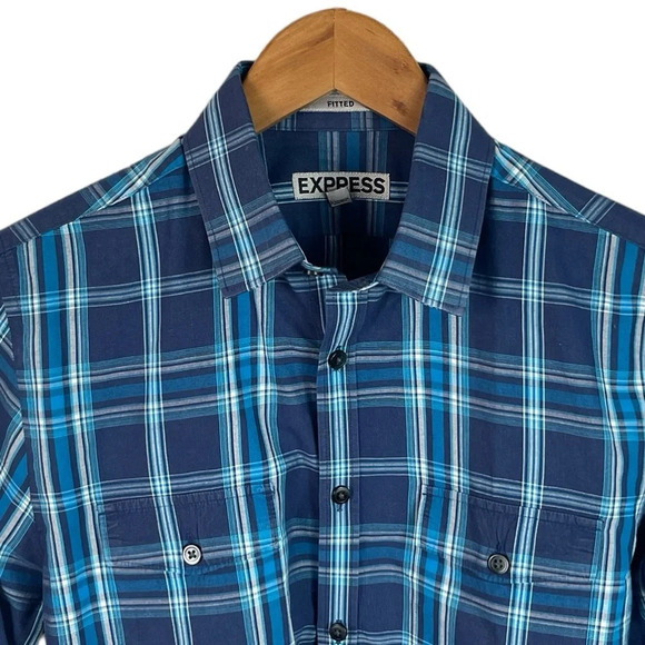 BF1366 Mens Express Preppy Plaid FITTED Button Down Dress Shirt 14-14.5 S - Picture 3 of 5